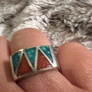 Sterling Turquoise & Coral Inlay Ring